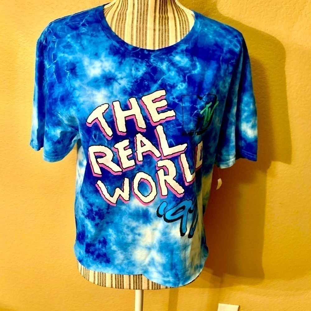 MTV Crop Top Large Blue White TieDye The Real World ‘92 Print 100% Cotton Retro